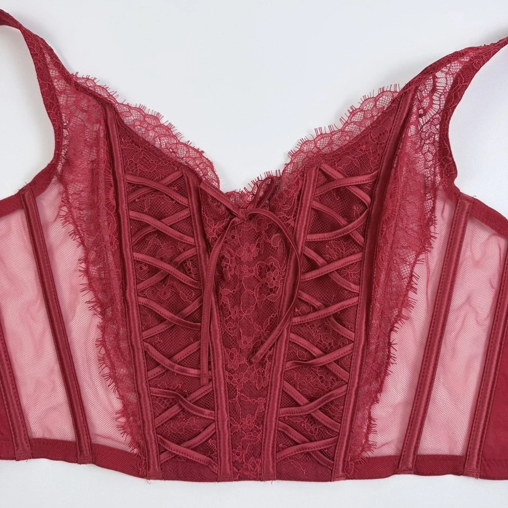 Victoria's Secret Dream Angels Unlined Lace-Up Mesh Corset Top Red M-DD NWT